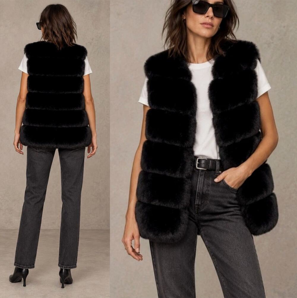 Anthropologie x Apparis L Mink Maya Faux Fur Vest $395 Long Coat Black NEW!